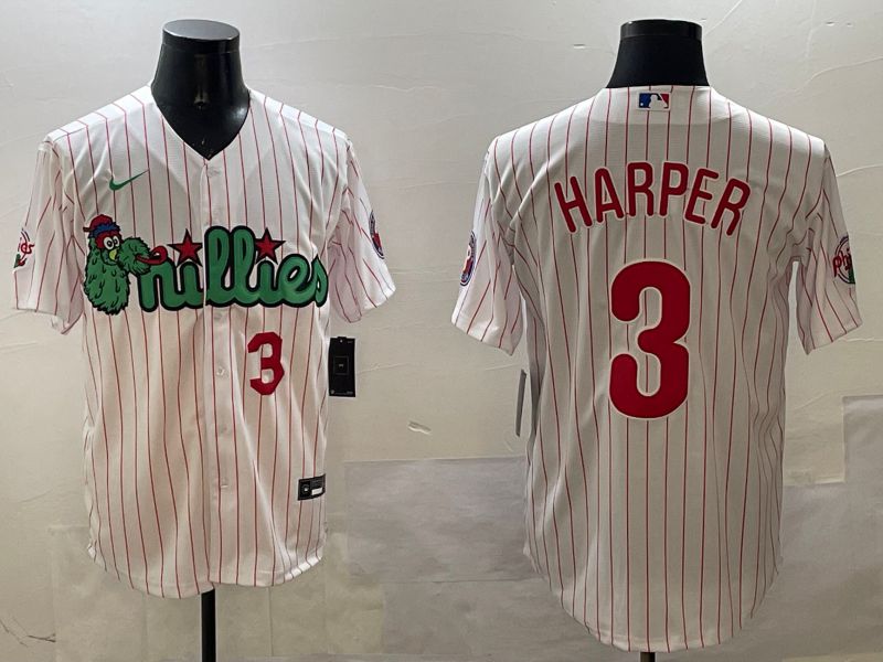 Men Philadelphia Phillies #3 Harper White Stripe Three generations Joint Name Game 2025 Nike MLB Jersey style 4
